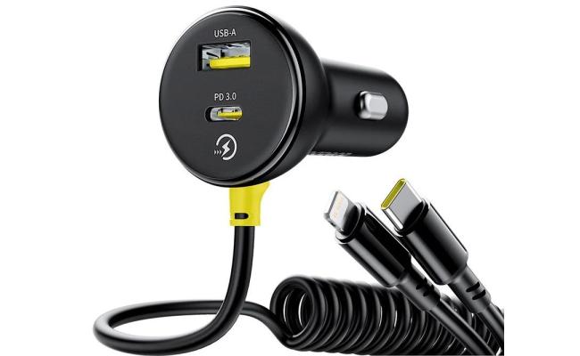 Baseus Circular Car Charger with USB-C / Lightning Cable, 60W, 3A, 1 x USB-A - 1 x USB-C, Black